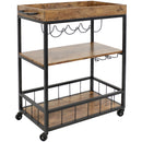 Industrial three shelf rolling bar cart with brown oak veneer-covered particleboard shelves