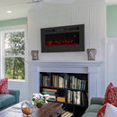 Sophisticated hearth indoor electric fireplace mounted on a wall above a bookcase in a living room