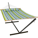Sunnydaze 2-Person Freestanding Quilted Fabric Hammock with Stand - 12 or 15 Foot Stand Option - Blue and Green