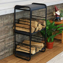 The tall modern firewood holder neatly holds stacked wood on each of its two shelves.
