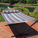 striped multi-colored hammock with matching pillow