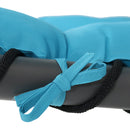 Teal cushion tie tied into a bow around a black frame.