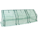 Mini-cloche greenhouse with green polyethylene cover shows all three access doors rolled down