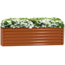 Long, rectangular, brown metal garden with white flowers.