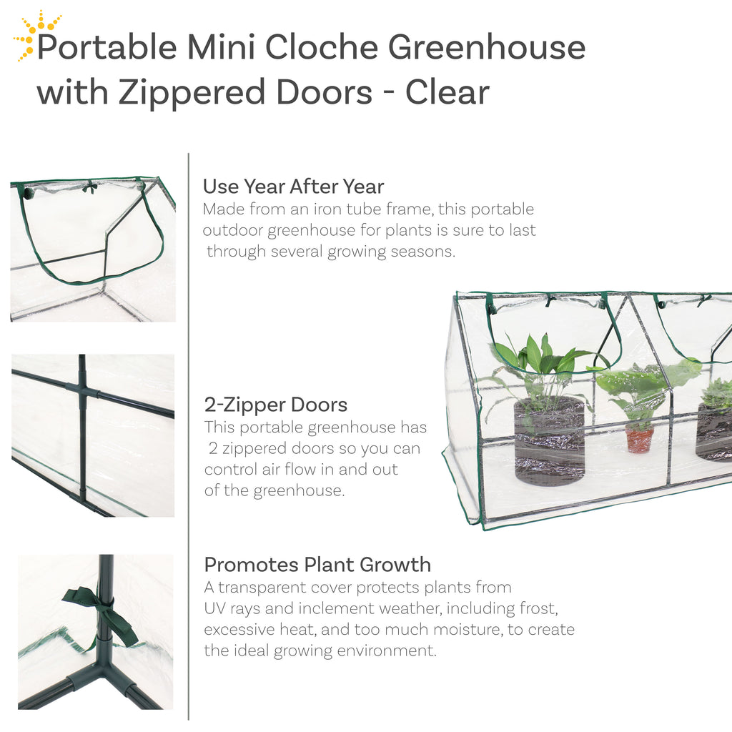 Sunnydaze Portable Mini Cloche Greenhouse with Zipper Doors