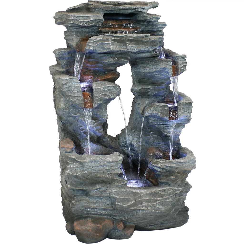 Sunnydaze Dual Cascading Rock Falls Water Fountain with LED