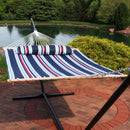 striped multi-colored hammock with matching pillow
