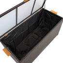 Aerial view of brown rattan deck box showing the removable water-resistant fabric liner with hook-and-loop fasteners