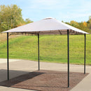 Gray open-side gazebo with gray frame place outside on brown patio pavers.