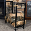 Steel firewood log rack storing logs and fire tools by the indoor fireplace.