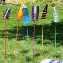 Set of six multi-colored metal drink holders with a spiral top for holding beverages.