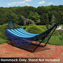 blue striped rope hammock with spreader bars