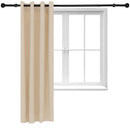 Beige curtain on a black curtain rod.
