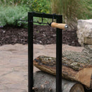 Steel firewood log rack features hanging hooks to hold tools for easy accessibility.