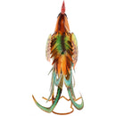 Back view of colorful metal rooster statue.