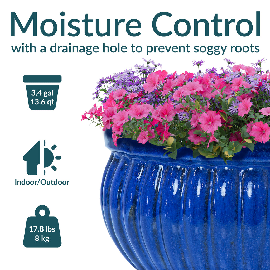 blue plant pot Sunnydaze Ribbed Glazed Ceramic Planter Bowl