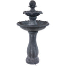 Back view of empty black, two-tiered water fountain.