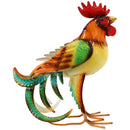 Profile view of colorful rooster statue.