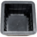 Aerial view of black, faux rattan inside storage area.