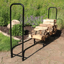 8-foot log rack half filled with stacked, cut wood on a stone patio.