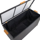 Aerial view of black rattan deck box showing the removable water-resistant fabric liner with hook-and-loop fasteners