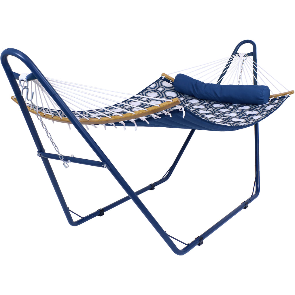 Sunnydaze Curved Spreader Bar Hammock with Blue Steel Stand - Gray Blue  Octagon