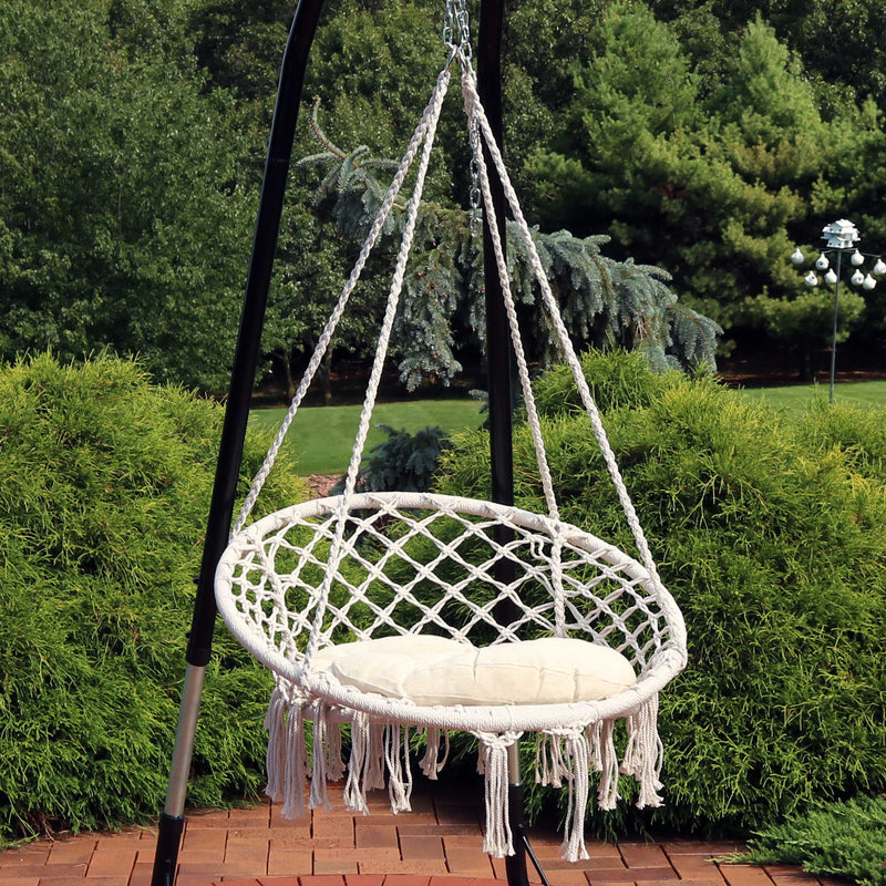 Sunnydaze Macrame Hanging Hammock Chair with Tassels and Cushion - White