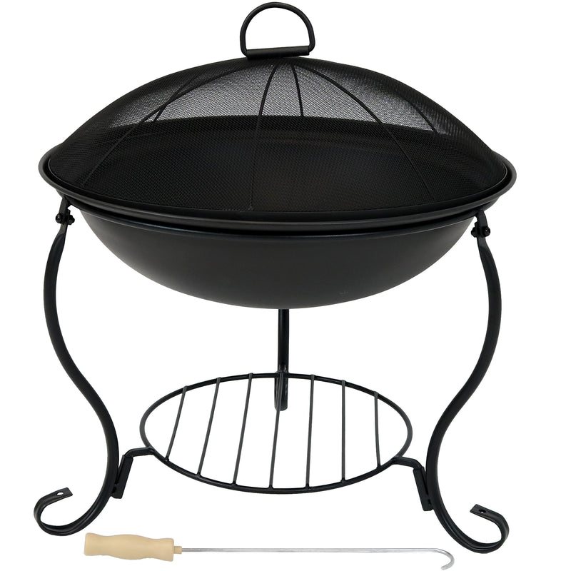 Sunnydaze Elegant Black Steel Fire Bowl Pit with Spark Screen and Built-In Firewood Holder, 18-Inch Diameter