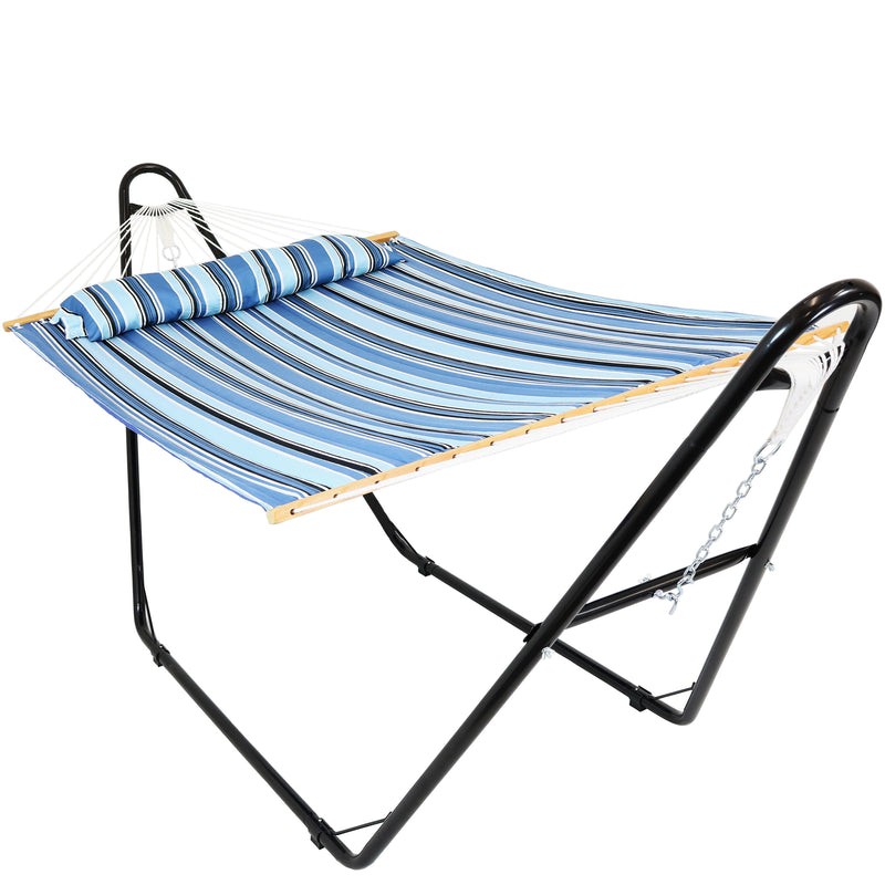 Sunnydaze Quilted Double Fabric 2-Person Hammock with Multi-Use Universal Steel Stand - Misty Beach, 450 Pound Capacity
