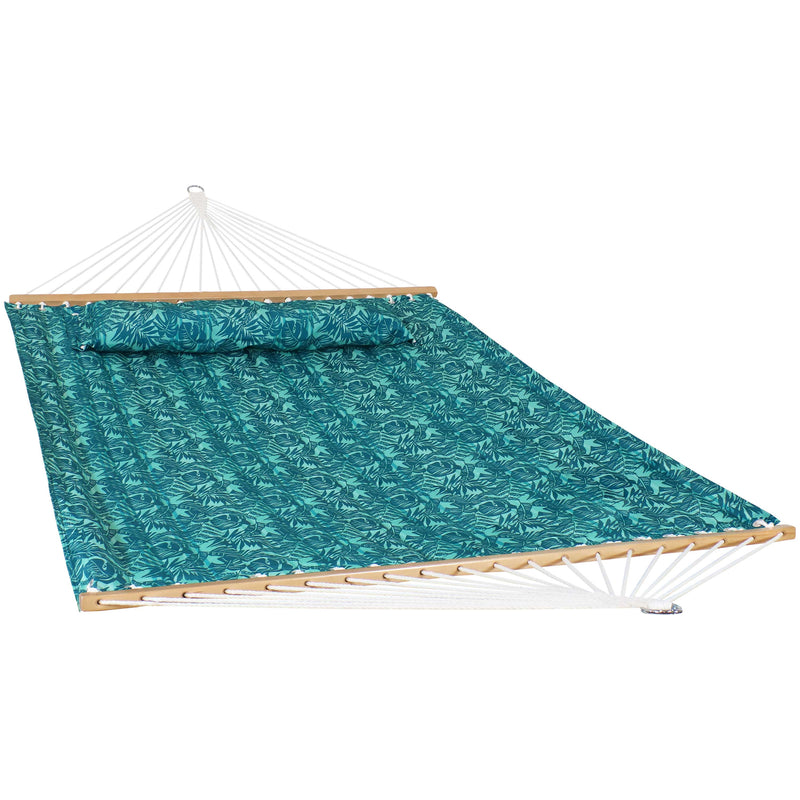 Sunnydaze 2-Person Fabric Spreader Bar Hammock and Pillow with Tropical Pattern