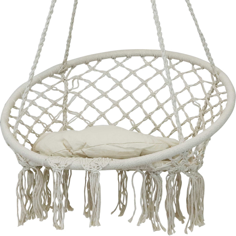 Sunnydaze Macrame Hanging Hammock Chair with Tassels and Cushion - Indoor/Outdoor Use