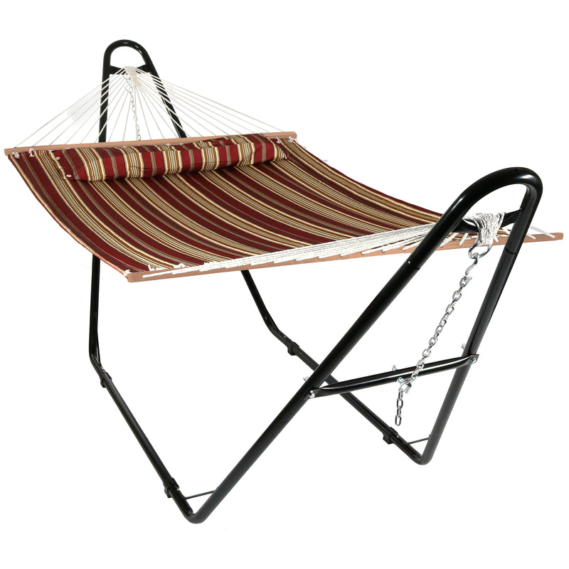 Sunnydaze Quilted Double Fabric 2-Person Hammock with Multi-Use Universal Steel Stand, Red Stripe, 450 Pound Capacity