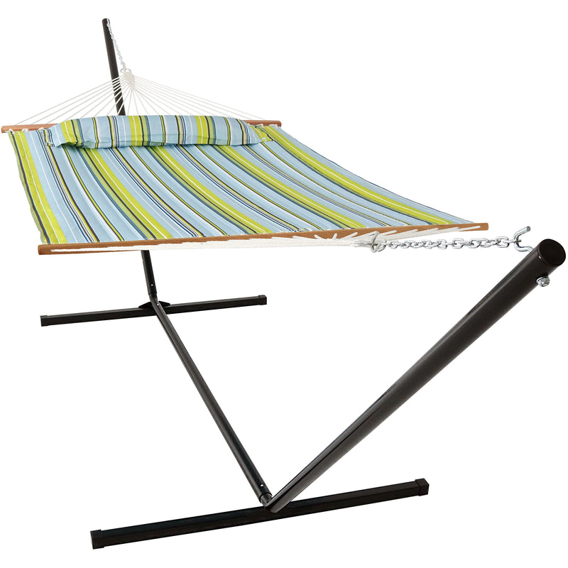 Sunnydaze 2-Person Freestanding Quilted Fabric Hammock with Stand - 12 or 15 Foot Stand Option - Blue and Green