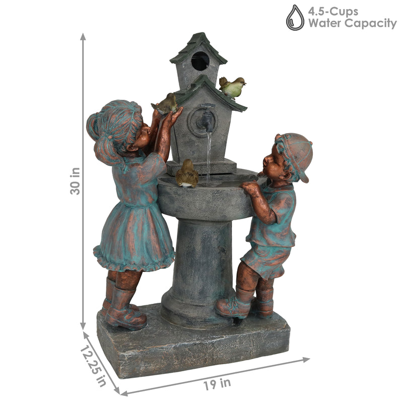 Sunnydaze Boy and Girl with Birds at Birdbath Outdoor Fountain - 30"