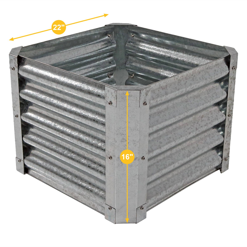 Infographic image listing three features of the steel, square garden bed.