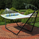 Image with arrows outlining the dimensions of the hammock and stand for the quilted double hammock with multi-use stand.