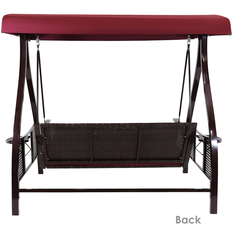 Sunnydaze 3-Person Steel Patio Swing with Side Tables and Canopy - Merlot