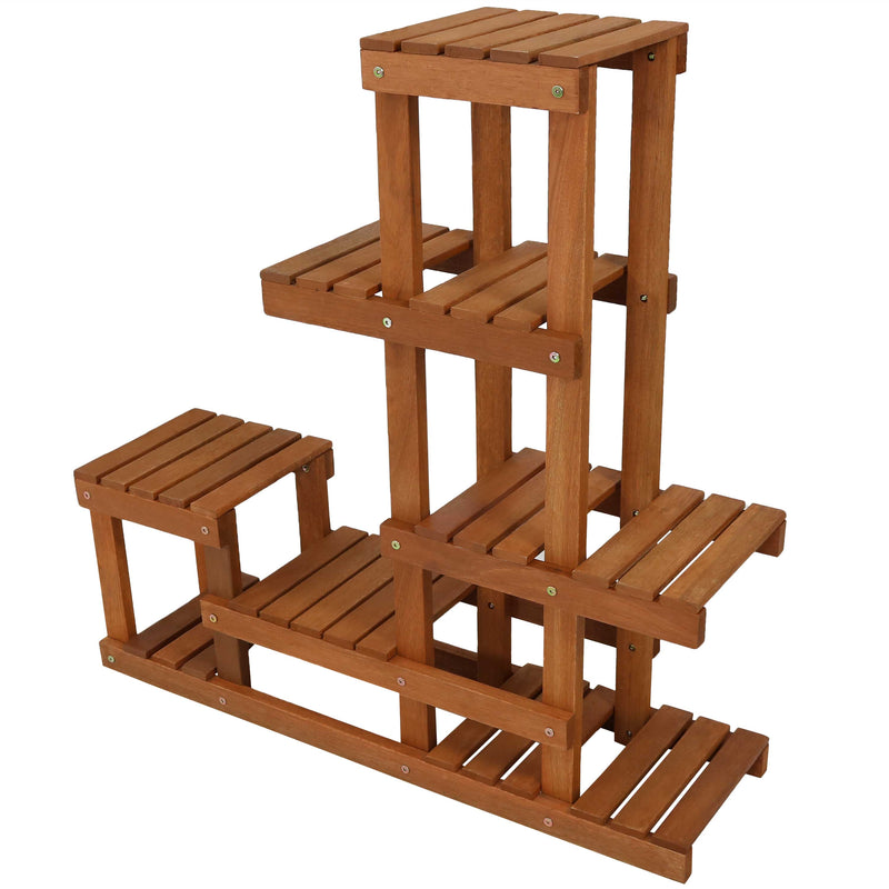 teak plant stand indoor Sunnydaze Meranti Wood Multi-Tiered Plant Stand