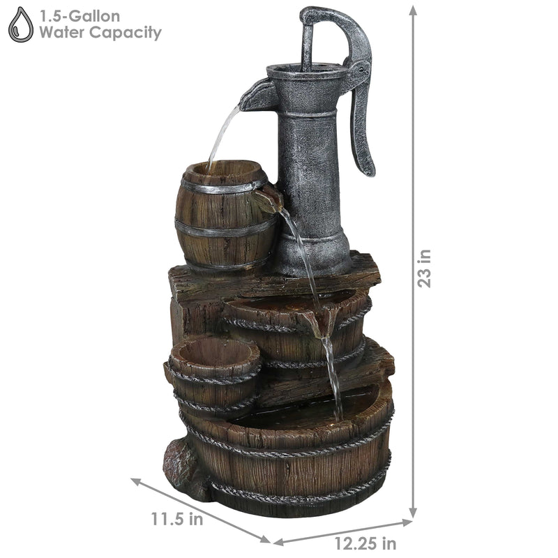 Sunnydaze Cozy Farmhouse Pump and Barrels Outdoor Fountain with Lights