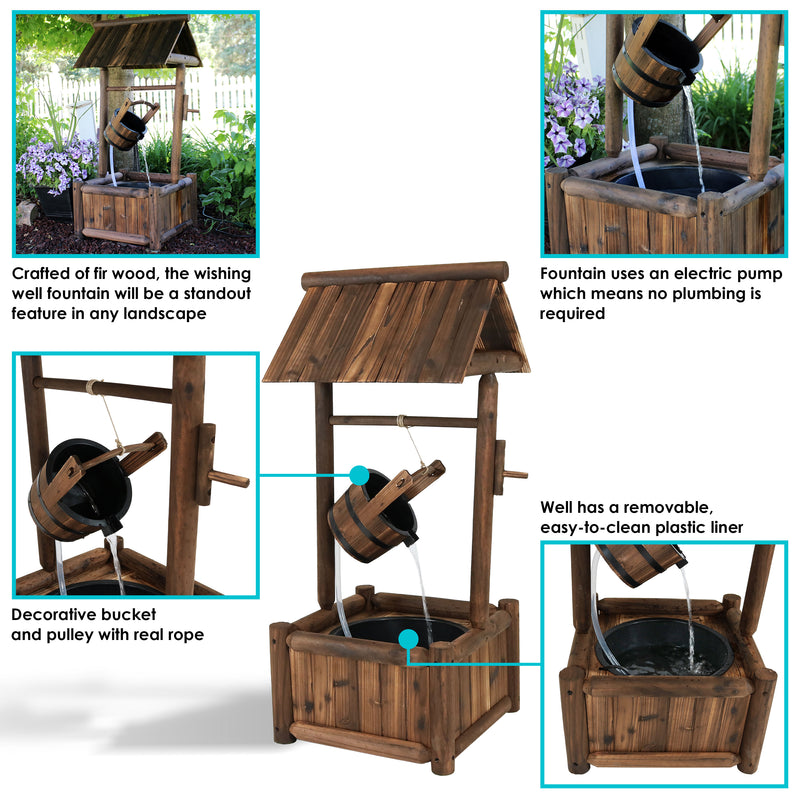 Sunnydaze Rustic Wood Wishing Well Outdoor Fountain with Liner - 46" H