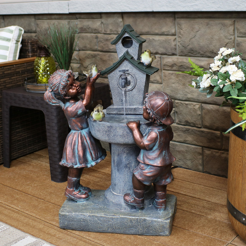 Sunnydaze Boy and Girl with Birds at Birdbath Outdoor Fountain - 30"