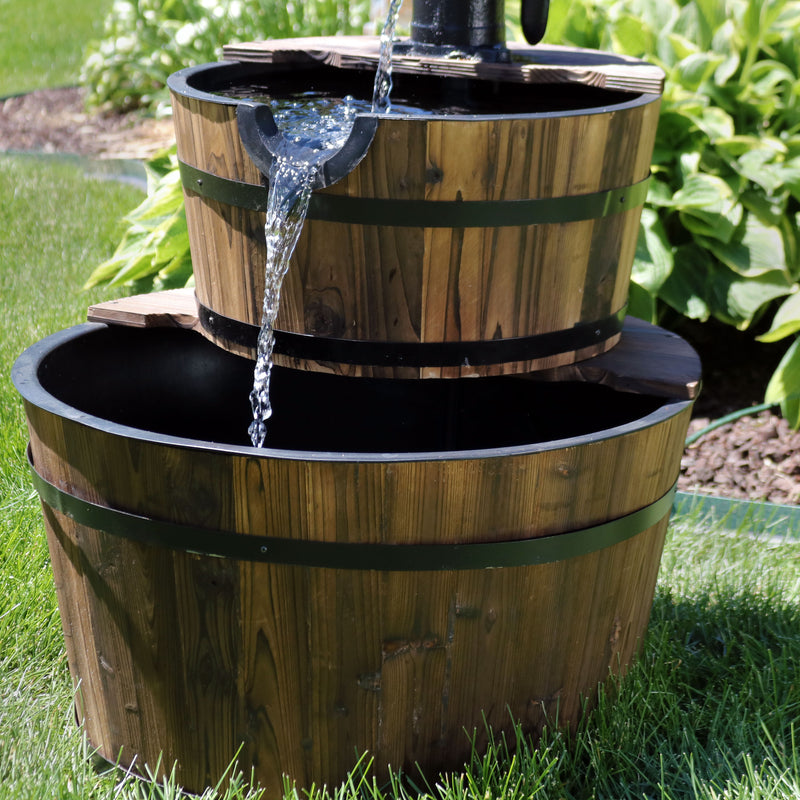 Sunnydaze Country 2-Tier Wood Barrel Water Fountain with Hand Pump