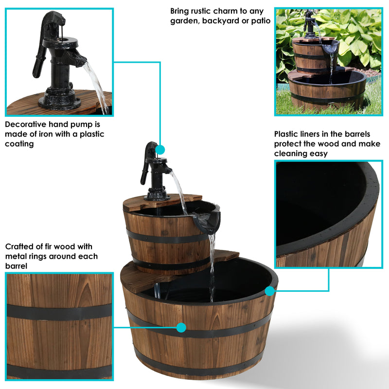 Sunnydaze Country 2-Tier Wood Barrel Water Fountain with Hand Pump