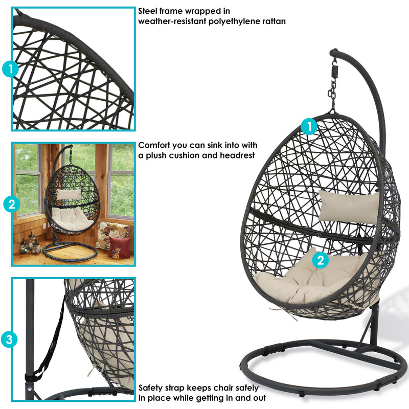 Sunnydaze Caroline Hanging Egg Chair with Steel Stand and Cushion