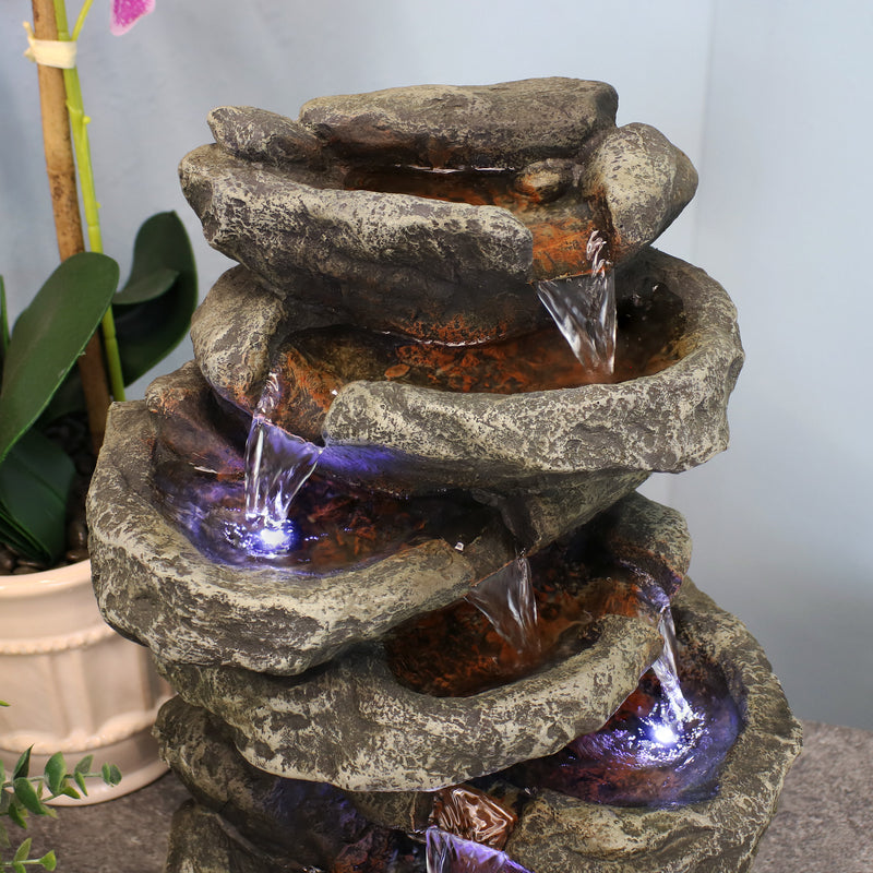 Sunnydaze 6-Tier Stone Falls Indoor Tabletop Fountain with LED Light - 15"