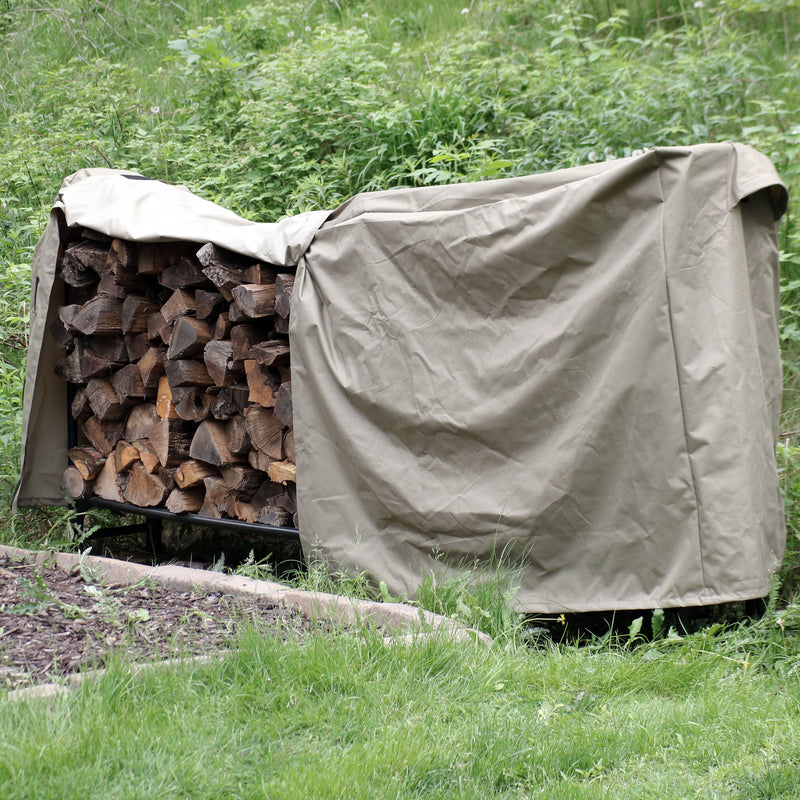 8 foot outdoor firewood rack cover protecting firewood and keeping it dry.
