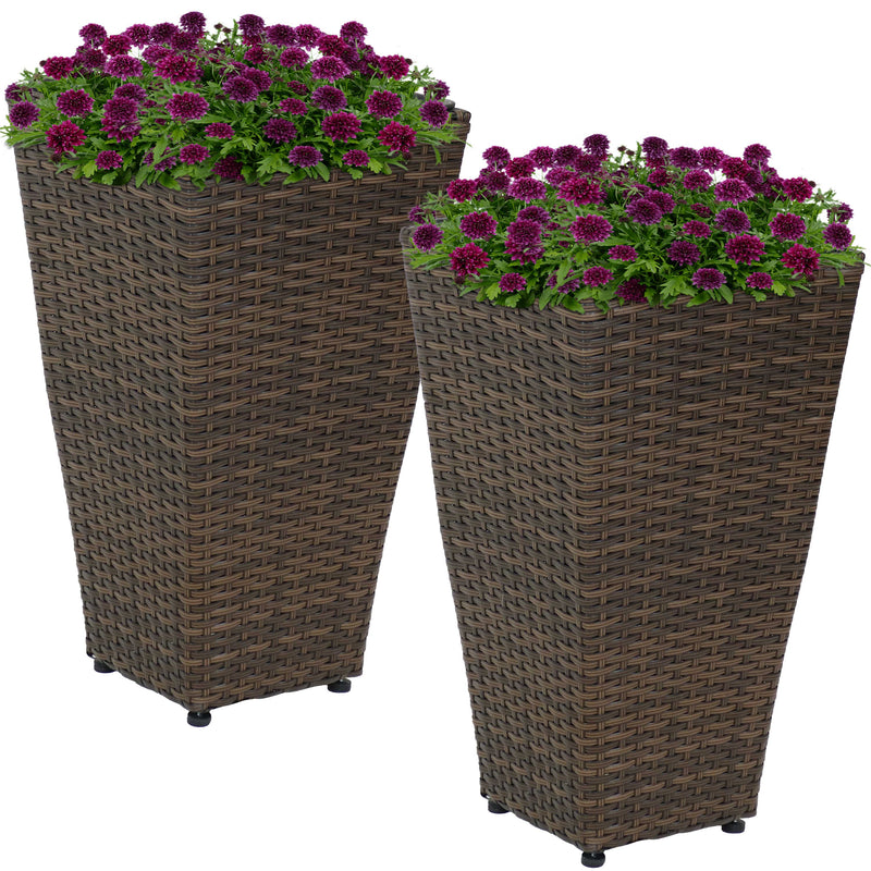 Sunnydaze Polyrattan Tall Square Planter - Brown - Set of 2