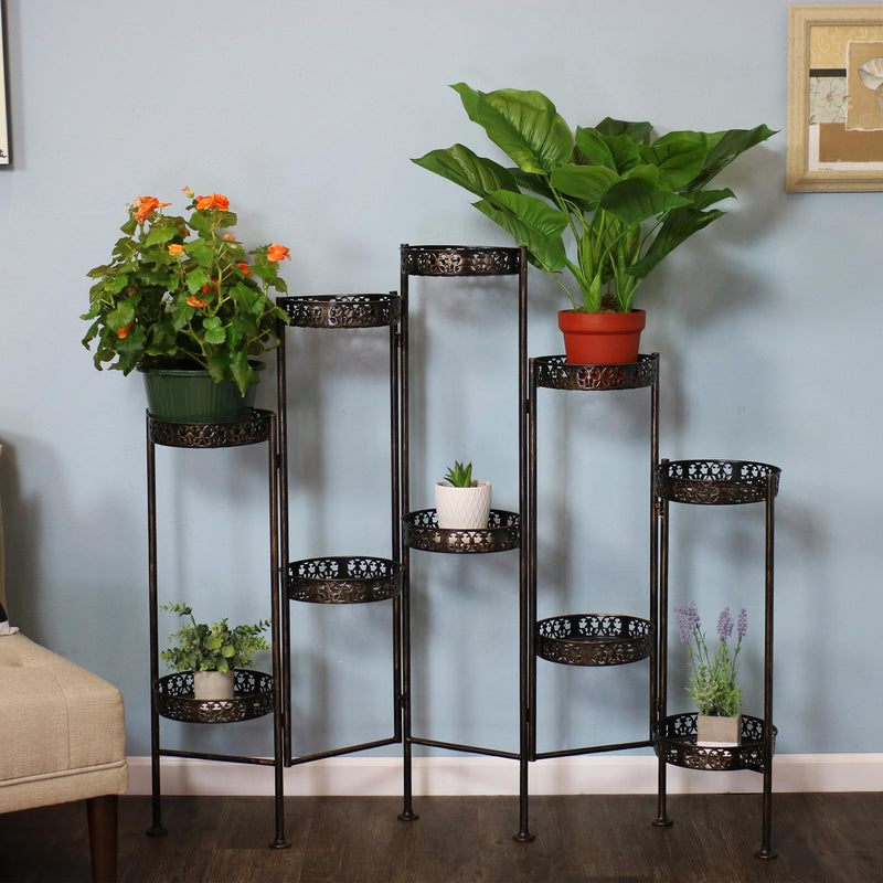 bronze indoor plant stand Sunnydaze 10-Tier Bronze Steel Indoor and Outdoor Folding Plant Stand