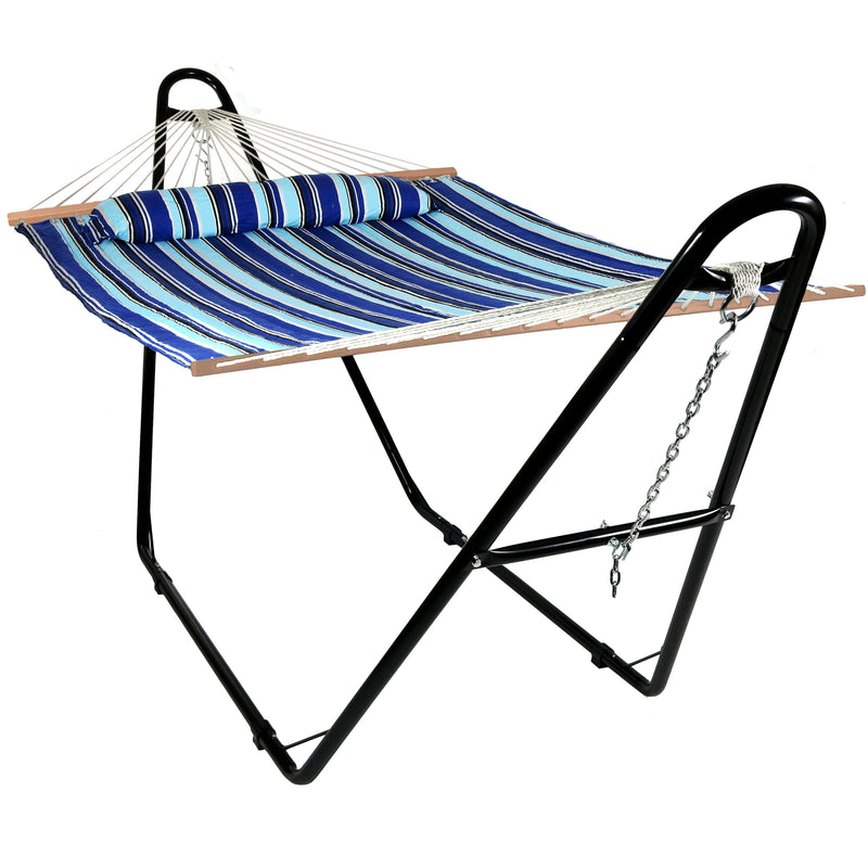 Sunnydaze Quilted Fabric 2-Person Hammock with Multi-Use Universal Steel Stand - Catalina Beach - 450 Pound Capacity
