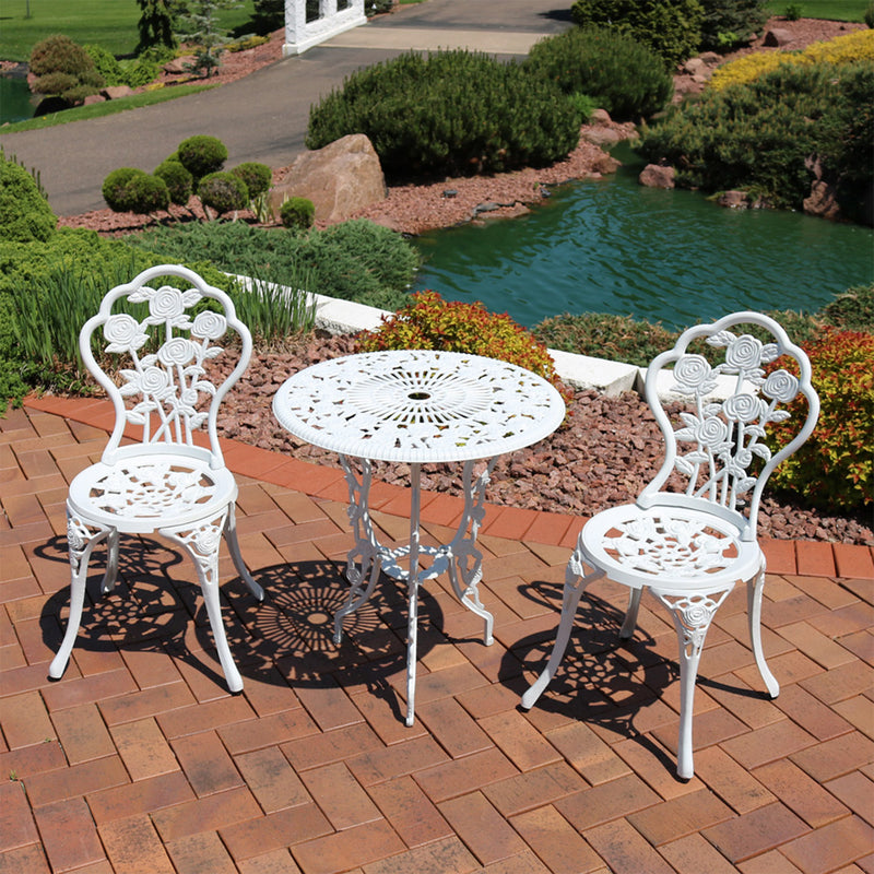 Sunnydaze 3-Piece White Flower Designed Cast Aluminum Bistro Set